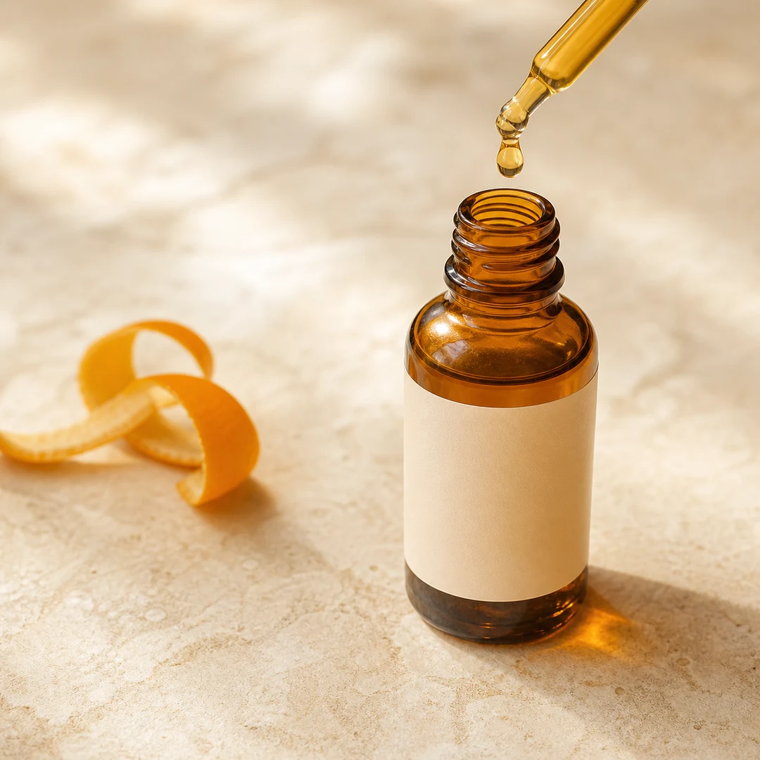 Detalle del gotero y una gota dorada del sérum facial de vitamina C